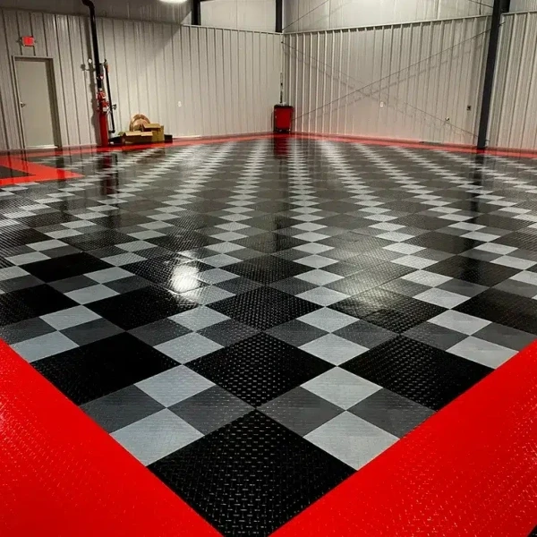 Checkerboard pattern flooring with red accents