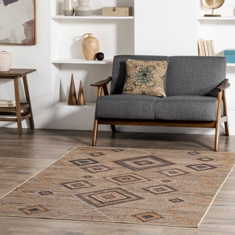 Brown geometric living room rug