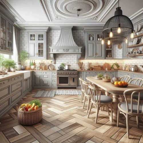 Stylish herringbone wooden kitchen flooring