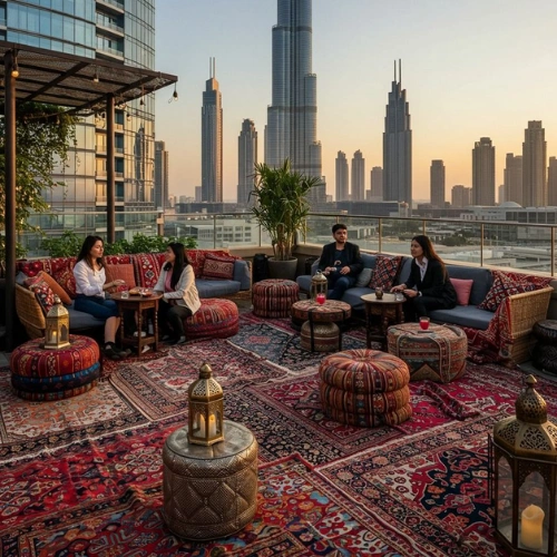 Persian rugs rooftop seating Dubai