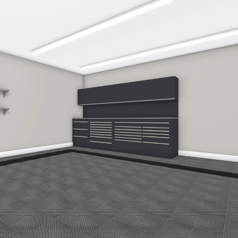 Modular garage flooring with snap-fit tiles