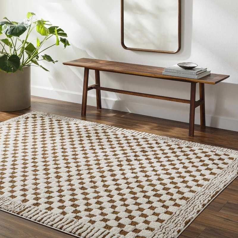 Neutral geometric area rug living