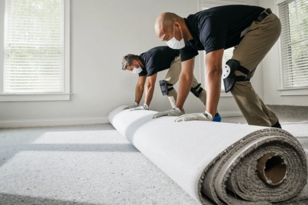 Worker installing velvet carpet