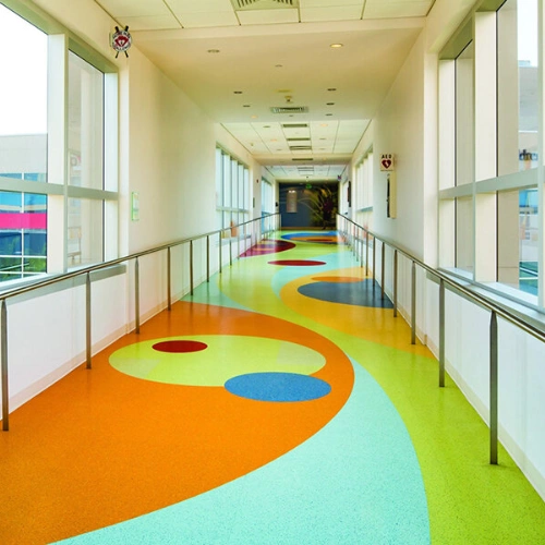 Colorful SPC flooring healthcare hallway